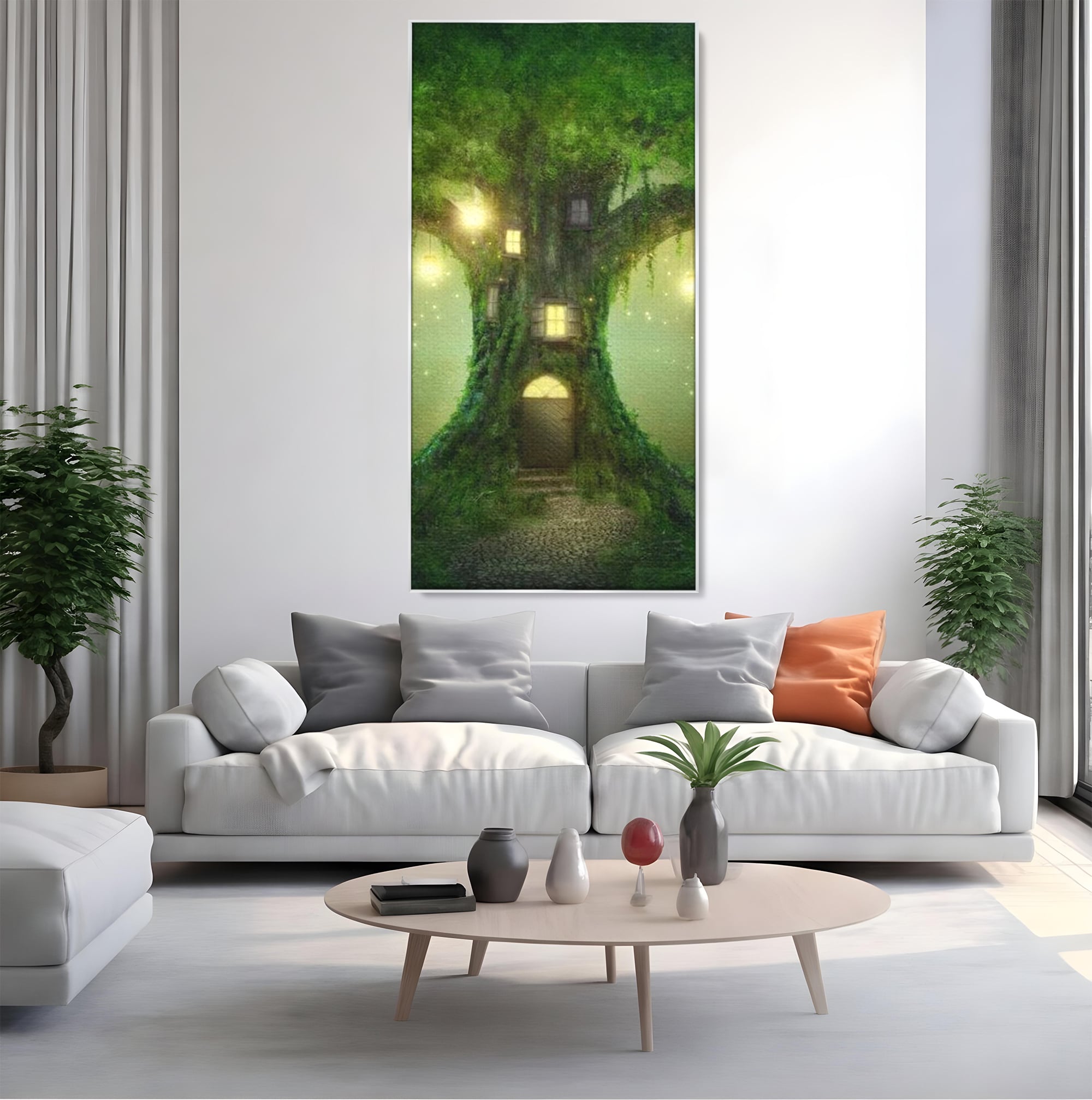Tablou canvas cu ilustratie digitala cu un copac fermecat, in rama de aluminiu argintiu, pe perete intr-un living